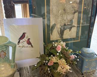 Framed art, bird print and pitcher