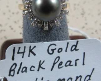14K Gold, Black Pearl & Diamond Ring