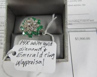 14K White Gold, Diamond & Emerald Ring w/Appraisal 