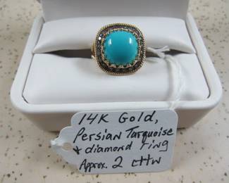 14K Gold, Persian Turquoise & Diamond Ring