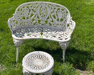 Victorian style garden bench and small table-- cast iron