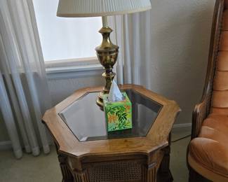 Octagonal table, brass lamp