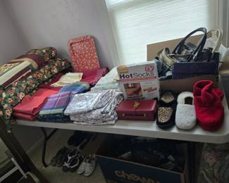 Linens, slippers, purses