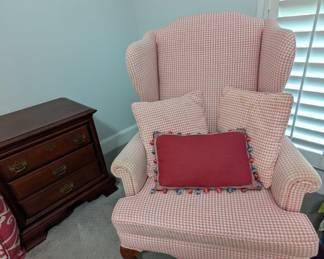 Beautiful checkered pink and white wing back chair 