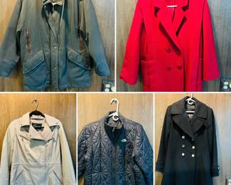 Collection of jacket and coats including a utility-style jacket , North Face zip up, and black trench coat