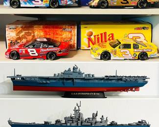 Collection of Dale Earnhardt Jr. NASCAR diecast cars and two models of historic US Navy warship's