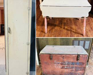 Vintage cabinet, vintage folding table and a vintage wooden trunk 