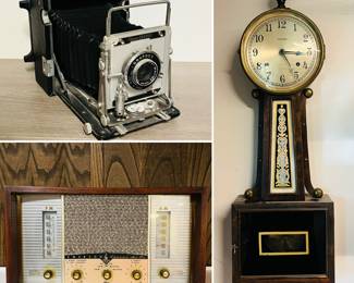 Ingraham banjo wall clock, vintage Crown Graphic Graphex camera, vintage Emerson radio model 908 