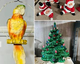 Vintage chalkware parrot on perch, vintage ceramic Christmas tree, vintage Christmas decor  
