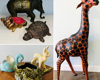 Vintage animal figurines including a McCoy turtle, ac Williams  Elephant is an ac coin bank and an antique pin cushion cat. 
