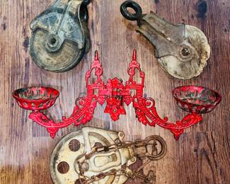 Vintage antique cast-iron and wood pulleys, vintage cast iron oil lamp wall sconce 