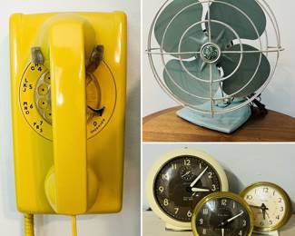 Vintage Western Electric Yellow 554 Rotary Wall Telephone, vintage General Electric (GE) oscillating fan, and vintage Westclox alarm clocks, including the iconic "Big Ben" and "Baby Ben" models. 
