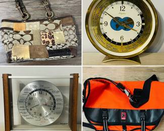 Y2K Coach purse, Bulova world time clock, Vintage Verichron GMT World Time Quartz Mantel Clock and a Chrome Industries Messenger Bag