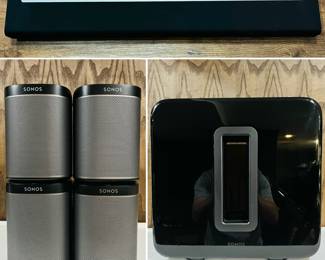 SONOS Playbar, SONOS wireless smart speakers and a SONOS SUB wireless subwoofer. 
