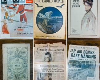 Vintage Look magazines, vintage The Ladies World magazines, vintage The Ladies Home Journal magazines, vintage Farmers Almanac, vintage newspapers 