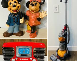 Vintage ceramic Mickey and Minnie figurines, Crosley Corsair Tabletop AM/FM Bluetooth Radio with CD Player and Dual Alarm Clock and a Dyson DC24 Ball All-Floors Upright Vacuum Cleaner. 