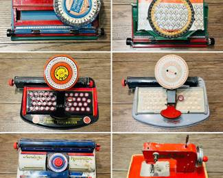Collection of Simplex Typewriters, and a collection of vintage Marx Toys Junior Dial Typewriters, and a vintage toy sewing machine.