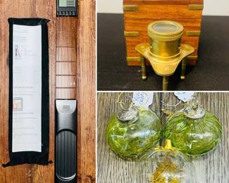 Portable guitar practice tool, linen tester, and a set of vintage kugel ornaments 