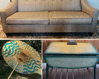 Vintage style sofa, traditional Chinese oil-paper parasol, and a drop leaf table
