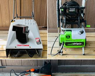 Craftsman single-stage snow blower, a Kawasaki Ninja 2000 PSI Pressure Washer and a Remington 16-inch electric chainsaw