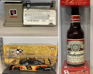 Vintage Pelouze PAA-1 balance beam scale, 
Dale Earnhardt Jr. collectible die-cast car and a Dale Earnhardt Jr. #8 Budweiser Car in Bottle.