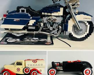LEGO Creator Expert Harley-Davidson Fat Boy building kit, a 1936 Ford Citerne Texaco Tanker Truck, and a 1932 Ford Street Rod die-cast model car.
