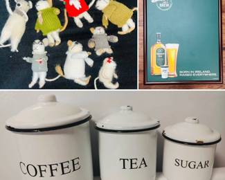Felted Mice Figures, Tullamore D.E.W. Advertisement, and a  Enamelware Canister Set