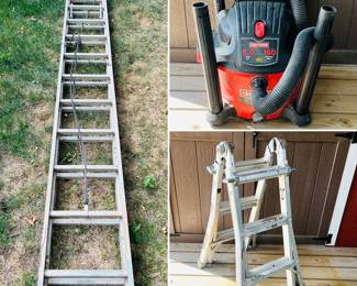 Extension ladder, Craftsman 16-gallon wet/dry shop vacuum and a  articulating ladder