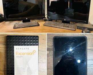 HP2511x widescreen computer monitors with hard drive and keyboards, Seagate 10TB Expansion external hard drive (SRD0NF2), Toshiba 4TB external hard drive (DWC340)