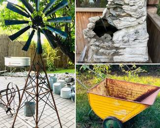 Large, rustic windmill, vintage garden cart, outdoor water fountain