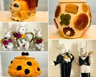 Vintage Cookie jars, Old Country Roses Royal Albert, bunny teapot, creamer, sugar, vintage ceramic butler and waiter rabbit figurines 
