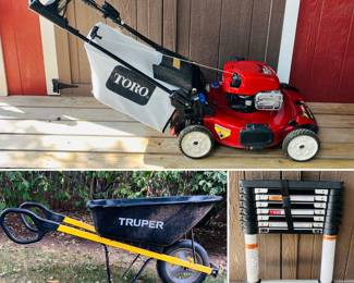 Toro Recycler Self-Propelled Gas Lawn Mower, Truper 6 Cu. Ft. Steel Wheelbarrow, and a COSCO SmartClose Aluminum Telescoping Ladder. 