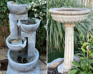Outdoor water fountain, concrete birdbath