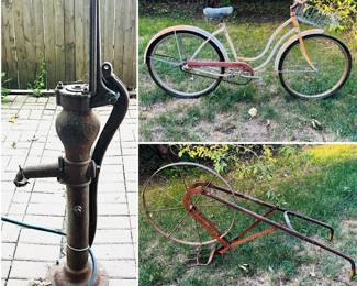 Vintage garden decor, antique Cast Iron water pump, vintage bicycle garden decor, antique walk behind cultivator garden tool