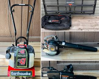 Earthquake MC43 Cultivator, a hitch-mounted cargo carrier,  a Poulan Pro PPBV25 25cc Gas Powered Leaf Blower, Vacuum, and Mulcher and a Remington Electric Pole Saw. 
