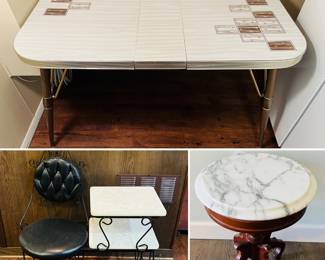 Vintage Formica kitchen table, vanity with attached stool and a marble-top accent table