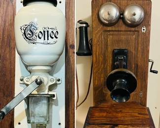 Antique wall mount coffee grinder, antique Kellogg oak wall telephone