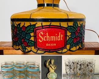 Vintage Schmidt lamp, vintage barware drinking glasses, Bare Knuckle beer tap handle, vintage atomic highball glasses 