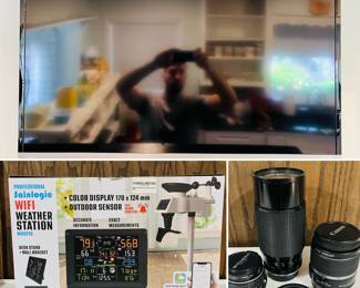 Sainlogic Professional WiFi Weather Station,  a collection of camera lenses including a Canon EF-S 18-55mm f/3.5-5.6 IS lens, Toshiba 39L2300U 39" TV