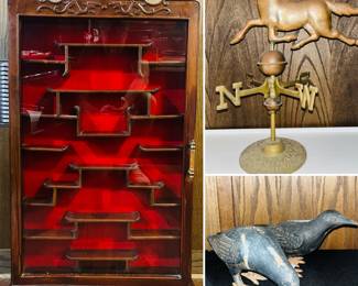 Vintage rosewood wall mounted display case, vintage cast iron crows, vintage copper and brass weathervane 
