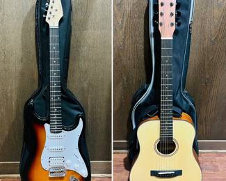 A Squier Affinity Series Stratocaster Junior HSS Electric Guitar and a Donner Dreadnought Acoustic Guitar