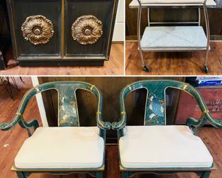 Vintage MCM Lane Hollywood Regency credenza cabinet, Formica bar cart and a a pair of ornate chairs 