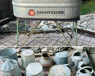 Country line wash tub basin on stand, rustic galvanized buckets and watering cans