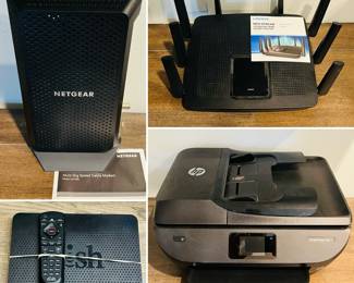 NETGEAR Nighthawk CM1200 Multi-Gig Speed Cable Modem, Linksys EA9500 Max-Stream AC5400 Tri-Band Wi-Fi Router, DISH Wally HD Satellite TV Receiver with Remote and a HP Envy Photo 7858 All-in-One Printer. 