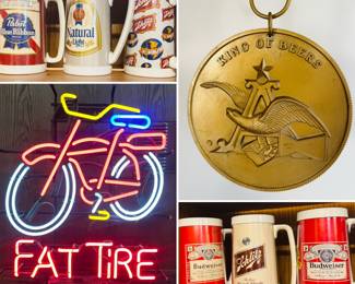 Fat Tire neon light, vintage beer mugs, vintage Budweiser "King of Beers" medallion lamp