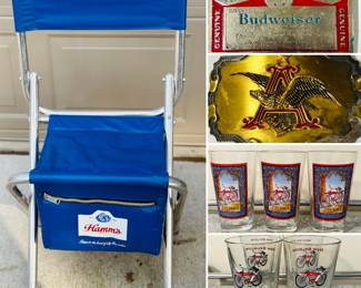 Vintage Hamms lawn chair cooler, vintage beer advertising belt buckles, Fat Tire pint glasses 