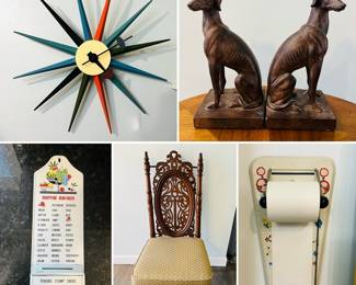 George Nelson Sunburst Clock, a pair of Greyhound dog bookends, vintage a wall mounted "Shopping Reminder Trading Stamp Saver”, antique hand carved chair and a vintage note pad