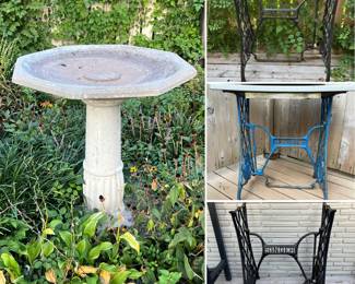 Cement birdbath, vintage cast iron Singer sewing machine bases