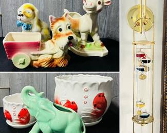 A collection of vintage ceramic planters, and a Galileo thermometer.