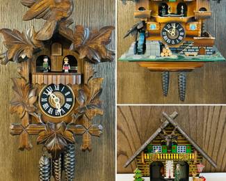 Vintage made in Germany cuckoo clocks, Joggili Western Germany cabin thermometer

